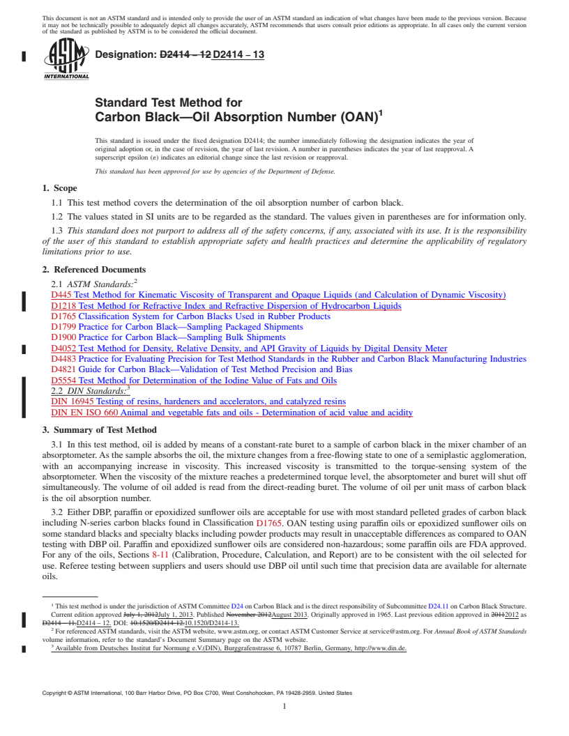 REDLINE ASTM D2414-13 - Standard Test Method for  Carbon Black&mdash;Oil Absorption Number (OAN)