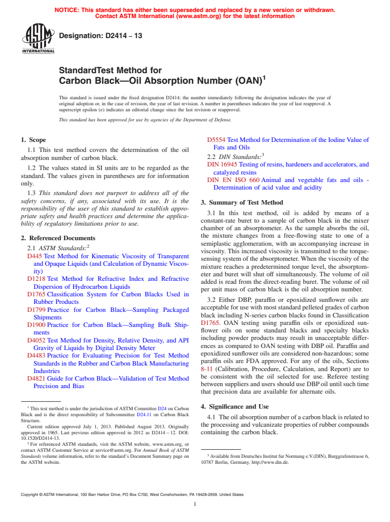 ASTM D2414-13 - Standard Test Method for  Carbon Black&mdash;Oil Absorption Number (OAN)