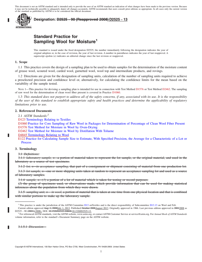 REDLINE ASTM D2525-13 - Standard Practice for  Sampling Wool for Moisture (Withdrawn 2022)