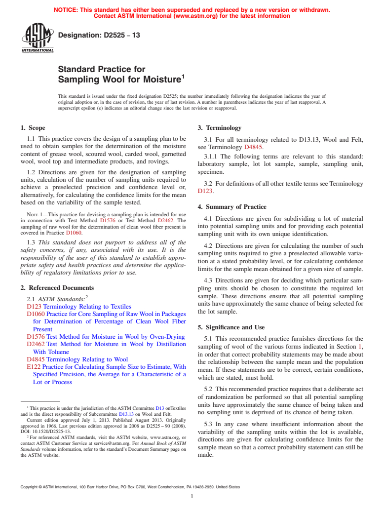 ASTM D2525-13 - Standard Practice for  Sampling Wool for Moisture (Withdrawn 2022)