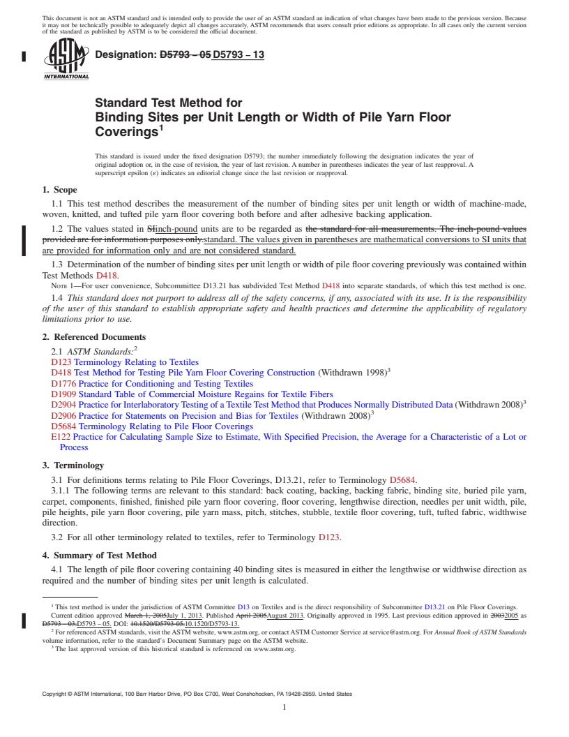 REDLINE ASTM D5793-13 - Standard Test Method for  Binding Sites per Unit Length or Width of Pile Yarn Floor Coverings