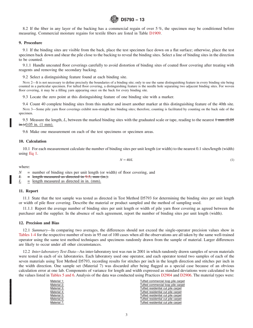 REDLINE ASTM D5793-13 - Standard Test Method for  Binding Sites per Unit Length or Width of Pile Yarn Floor Coverings