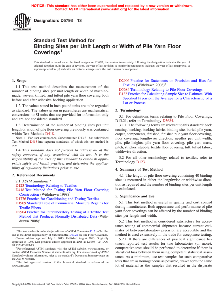 ASTM D5793-13 - Standard Test Method for  Binding Sites per Unit Length or Width of Pile Yarn Floor Coverings