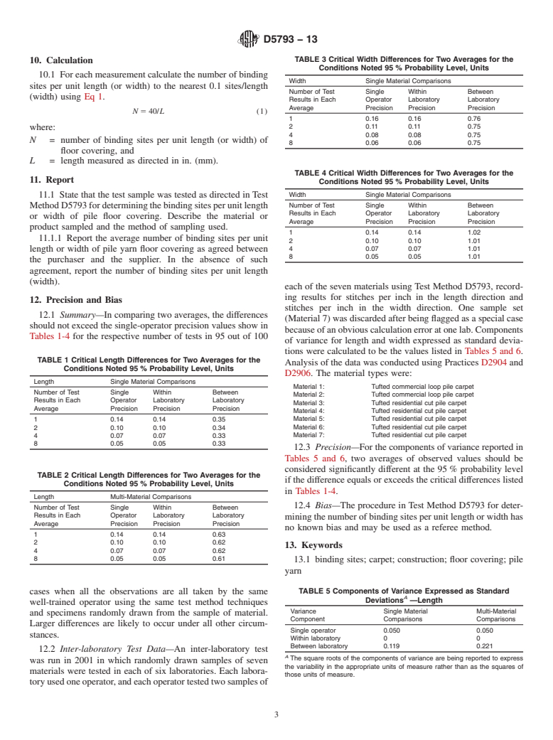 ASTM D5793-13 - Standard Test Method for  Binding Sites per Unit Length or Width of Pile Yarn Floor Coverings