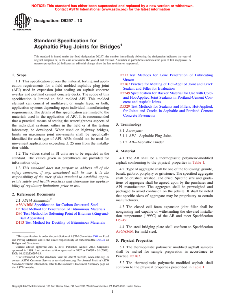 ASTM D6297-13 - Standard Specification for Asphaltic Plug Joints for Bridges