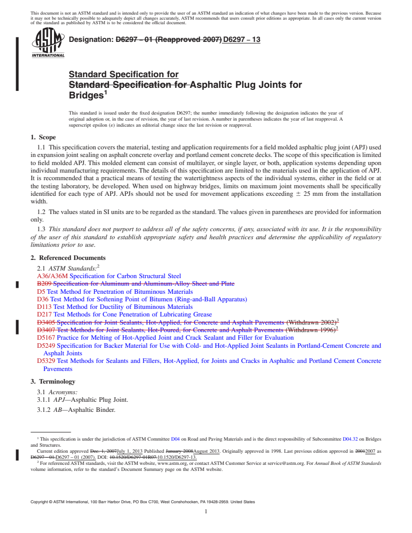 REDLINE ASTM D6297-13 - Standard Specification for Asphaltic Plug Joints for Bridges