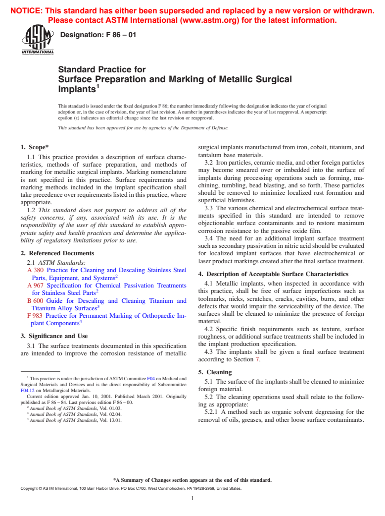 ASTM F86-01 - Standard Practice for Surface Preparation and Marking of Metallic Surgical Implants