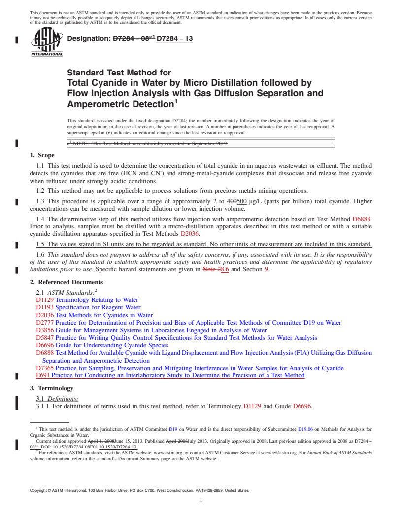 REDLINE ASTM D7284-13 - Standard Test Method for  Total Cyanide in Water by Micro Distillation followed by Flow  Injection   Analysis with Gas Diffusion Separation and Amperometric  Detection