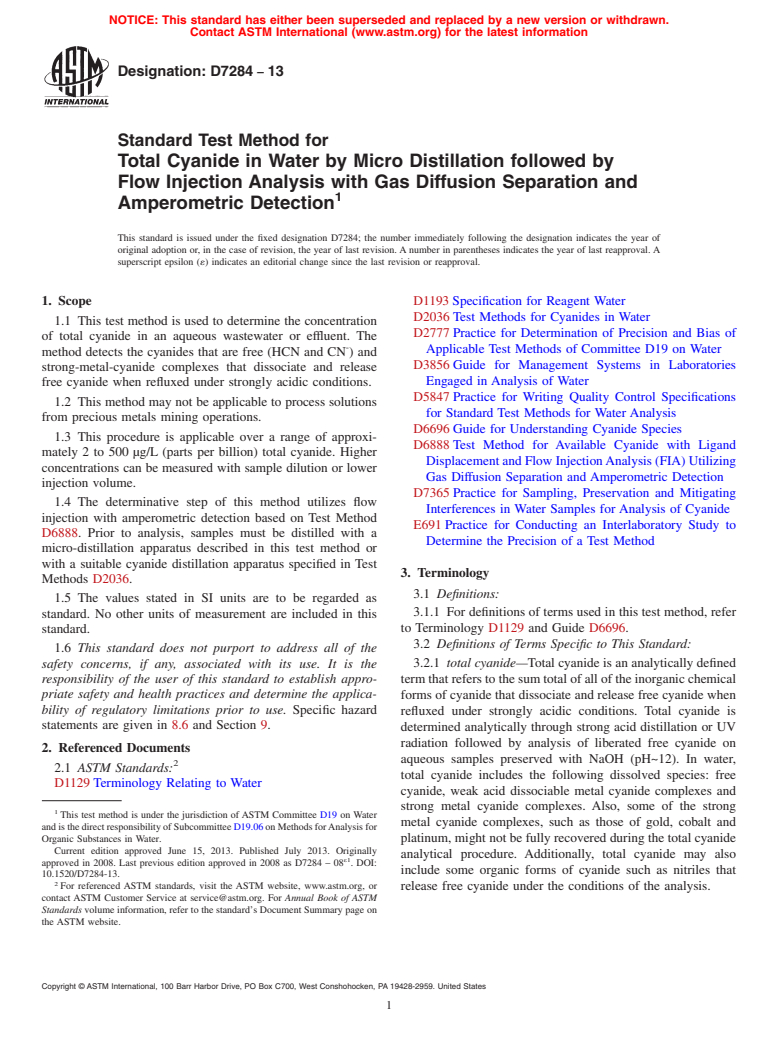 ASTM D7284-13 - Standard Test Method for  Total Cyanide in Water by Micro Distillation followed by Flow  Injection   Analysis with Gas Diffusion Separation and Amperometric  Detection