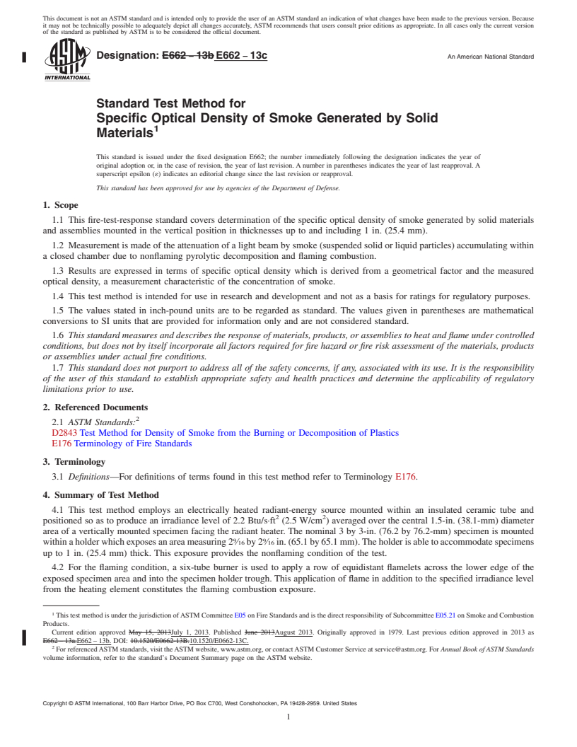 REDLINE ASTM E662-13c - Standard Test Method for  Specific Optical Density of Smoke Generated by Solid Materials