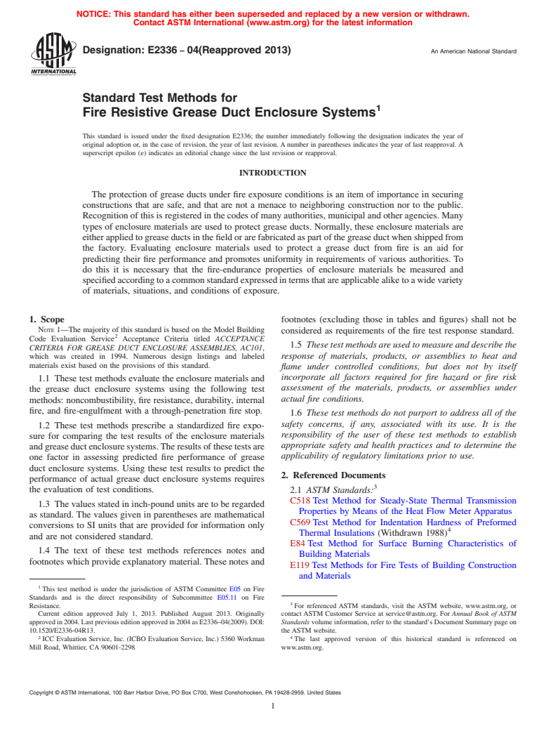 ASTM E2336-04(2013) - Standard Test Methods  for  Fire Resistive Grease Duct Enclosure Systems