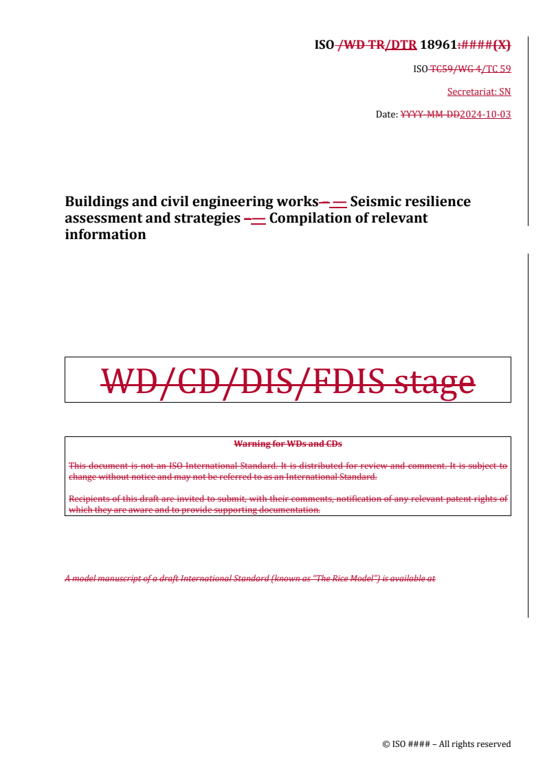 REDLINE ISO/DTR 18961 - Buildings and civil engineering works — Seismic resilience assessment and strategies — Compilation of relevant information
Released:3. 10. 2024