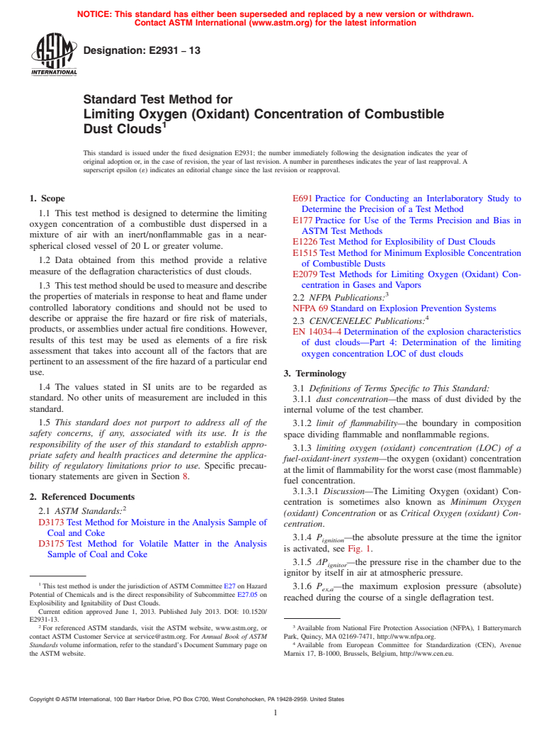 ASTM E2931-13 - Standard Test Method for Limiting Oxygen (Oxidant) Concentration of Combustible Dust  Clouds