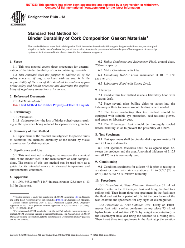 ASTM F148-13 - Standard Test Method for  Binder Durability of Cork Composition Gasket Materials