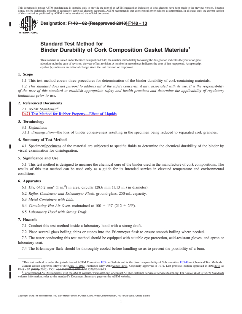 REDLINE ASTM F148-13 - Standard Test Method for  Binder Durability of Cork Composition Gasket Materials