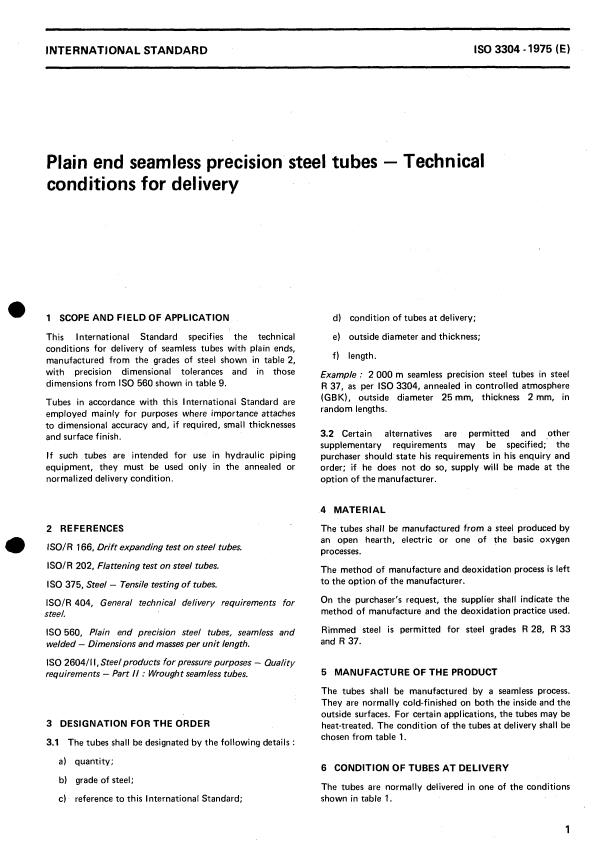 ISO 3304:1975 - Plain end seamless precision steel tubes -- Technical conditions for delivery