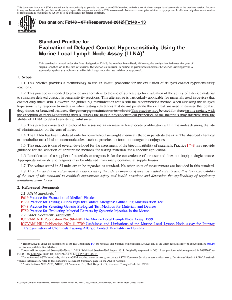 REDLINE ASTM F2148-13 - Standard Practice for  Evaluation of Delayed Contact Hypersensitivity Using the Murine  Local Lymph Node Assay (LLNA)