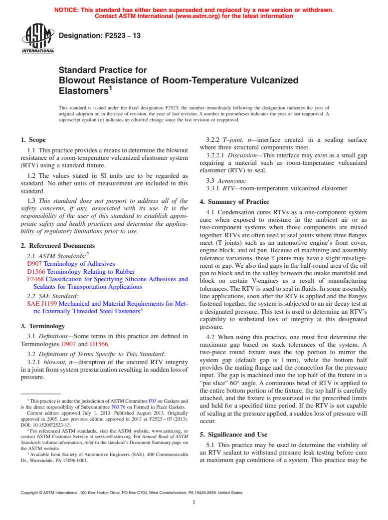 ASTM F2523-13 - Standard Practice for  Blowout Resistance of Room-Temperature Vulcanized Elastomers