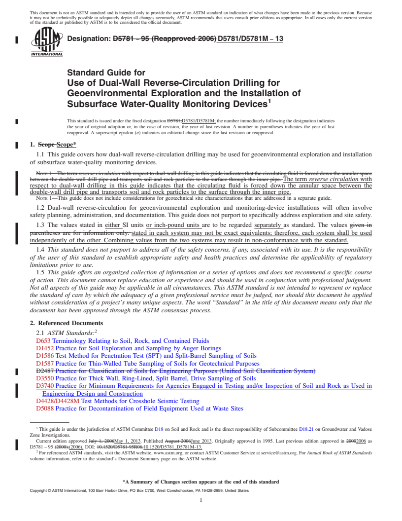 REDLINE ASTM D5781/D5781M-13 - Standard Guide for Use of Dual-Wall Reverse-Circulation Drilling for Geoenvironmental Exploration and the Installation of Subsurface Water-Quality Monitoring Devices