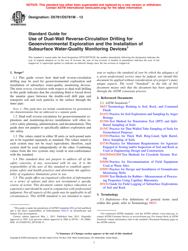 ASTM D5781/D5781M-13 - Standard Guide for Use of Dual-Wall Reverse-Circulation Drilling for Geoenvironmental Exploration and the Installation of Subsurface Water-Quality Monitoring Devices