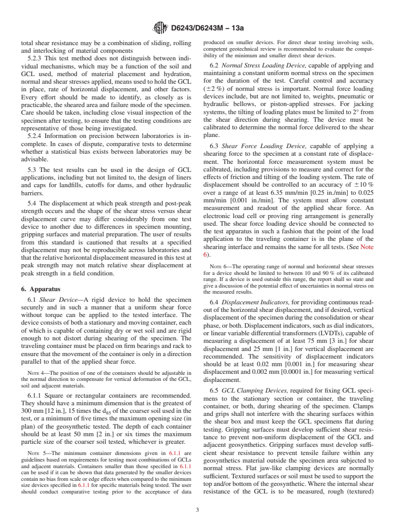 ASTM D6243/D6243M-13a - Standard Test Method for Determining the Internal and Interface Shear Resistance of Geosynthetic Clay Liner by the Direct Shear Method