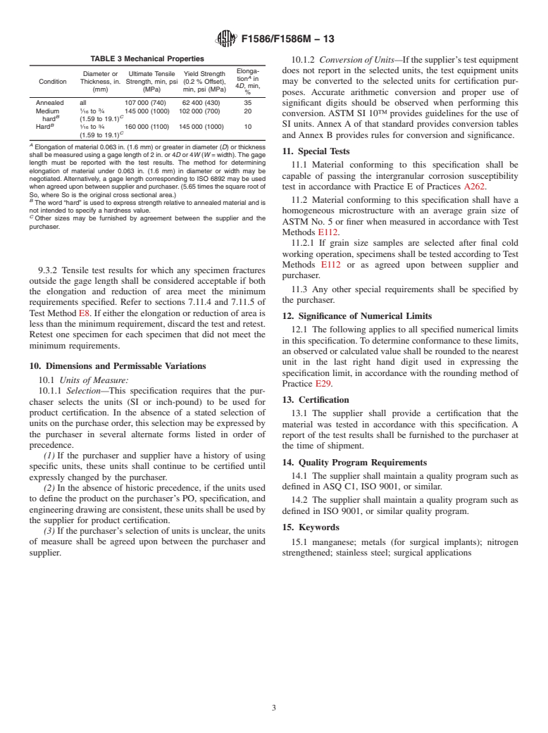 ASTM F1586/F1586M-13 - Standard Specification for  Wrought Nitrogen Strengthened 21Chromium-10Nickel-3Manganese-2.5Molybdenum Stainless Steel Alloy Bar for Surgical Implants (UNS S31675)