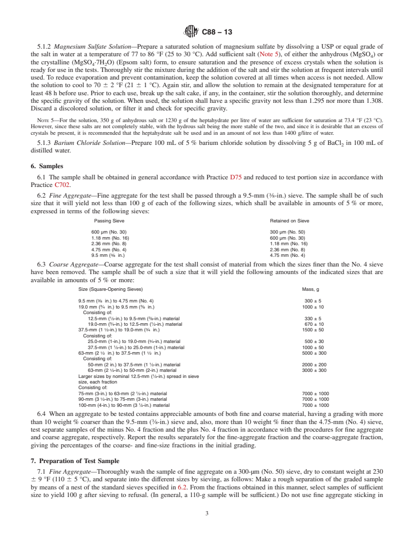 REDLINE ASTM C88-13 - Standard Test Method for  Soundness of Aggregates by Use of Sodium Sulfate or Magnesium  Sulfate