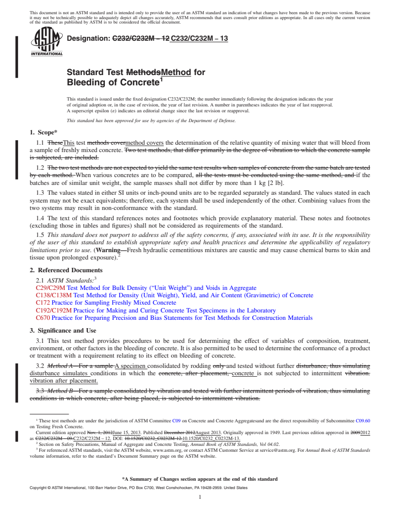 REDLINE ASTM C232/C232M-13 - Standard Test Method for  Bleeding of Concrete