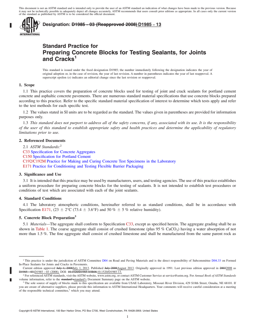 REDLINE ASTM D1985-13 - Standard Practice for  Preparing Concrete Blocks for Testing Sealants, for Joints  and Cracks