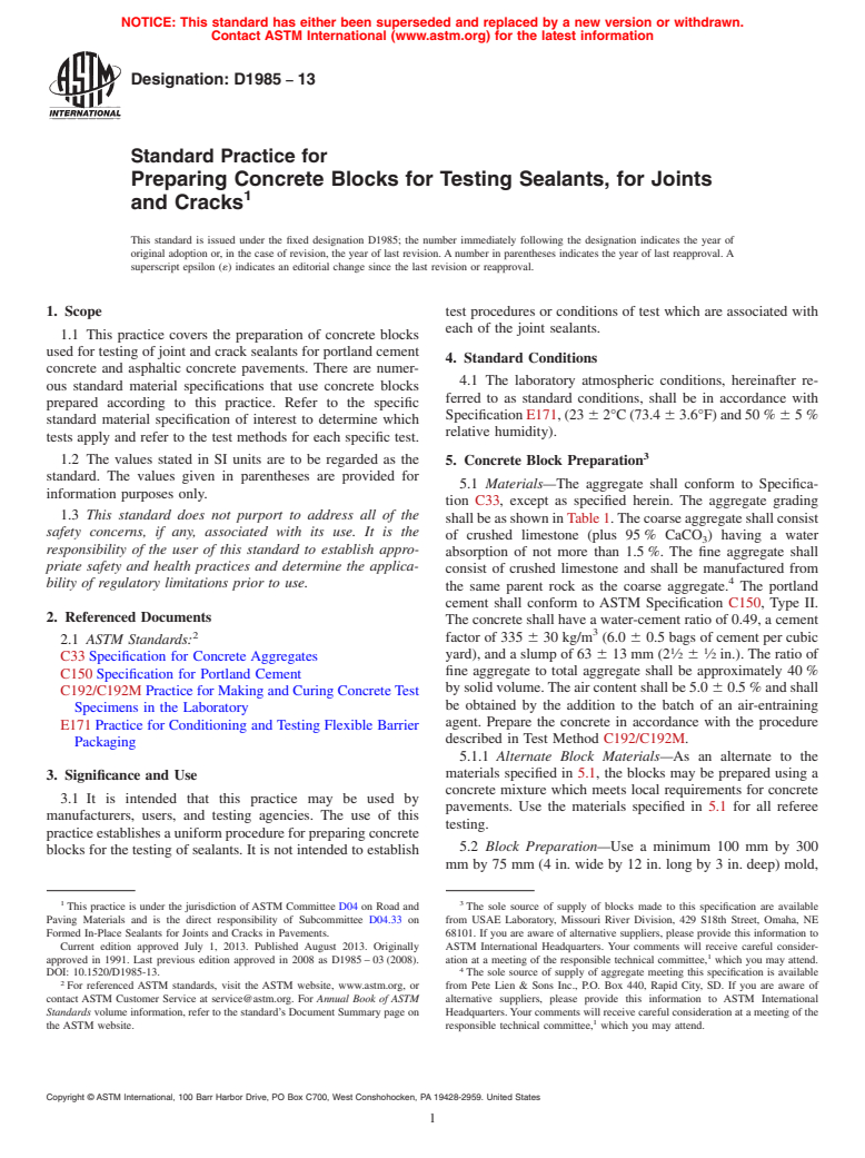 ASTM D1985-13 - Standard Practice for  Preparing Concrete Blocks for Testing Sealants, for Joints  and Cracks