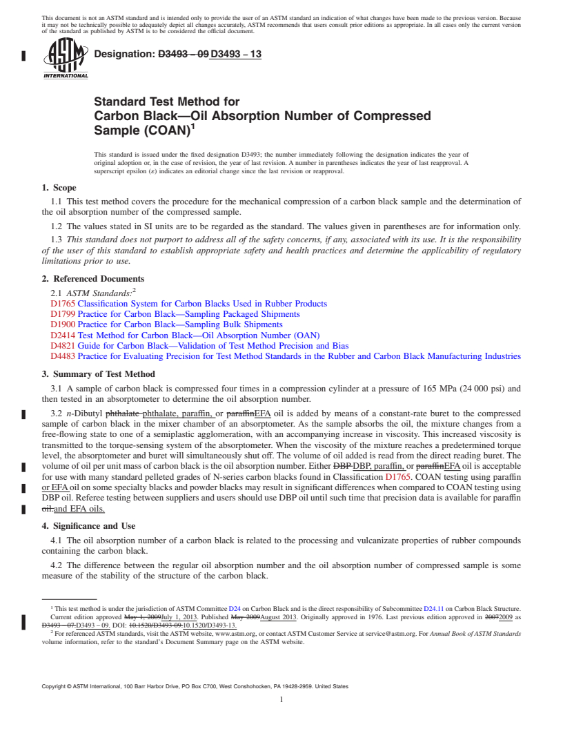 REDLINE ASTM D3493-13 - Standard Test Method for  Carbon Black&mdash;Oil Absorption Number of Compressed Sample  (COAN)