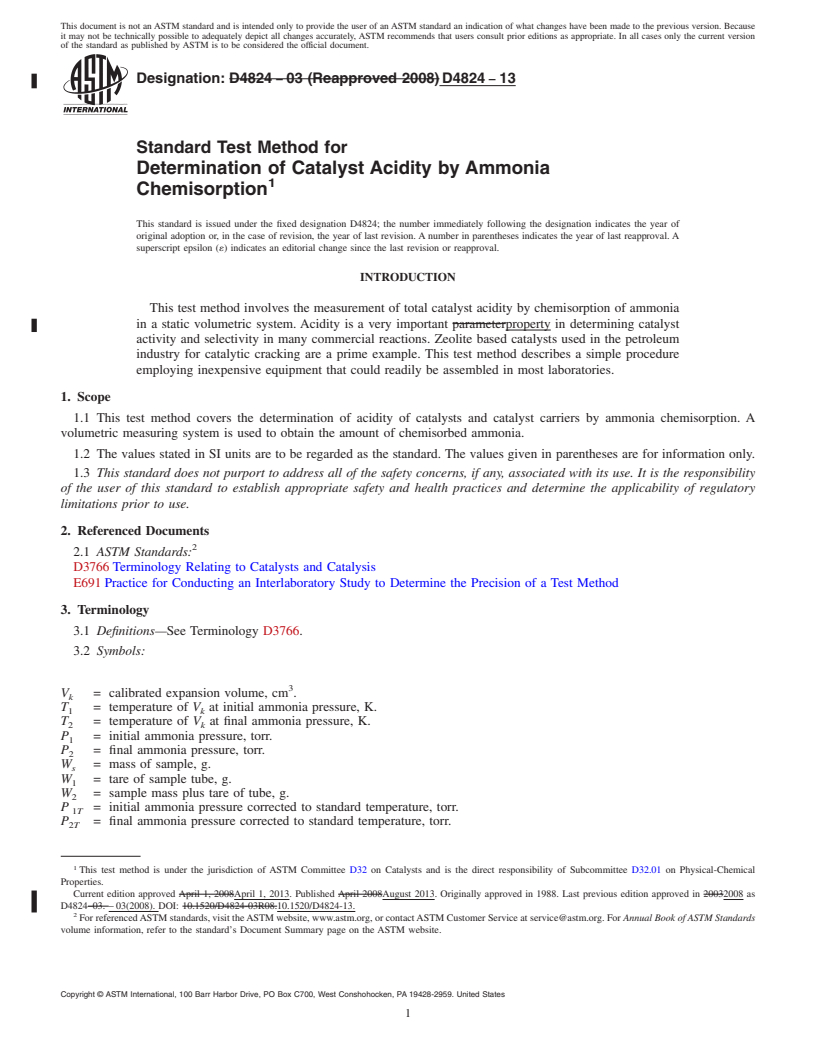 REDLINE ASTM D4824-13 - Standard Test Method for  Determination of Catalyst Acidity by Ammonia Chemisorption