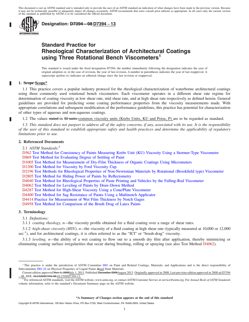 REDLINE ASTM D7394-13 - Standard Practice for Rheological Characterization of Architectural Coatings using  Three   Rotational Bench Viscometers