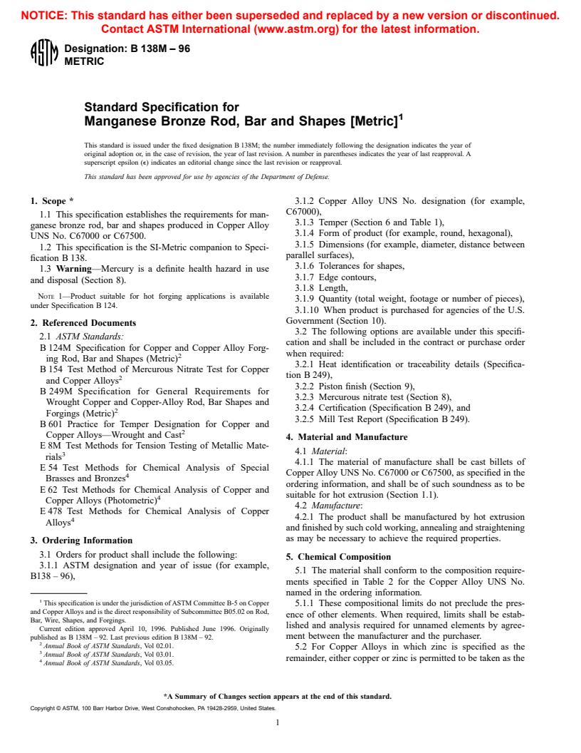 ASTM B138M-96 - Standard Specification for Manganese Bronze Rod, Bar and Shapes [Metric] (Withdrawn 2001)