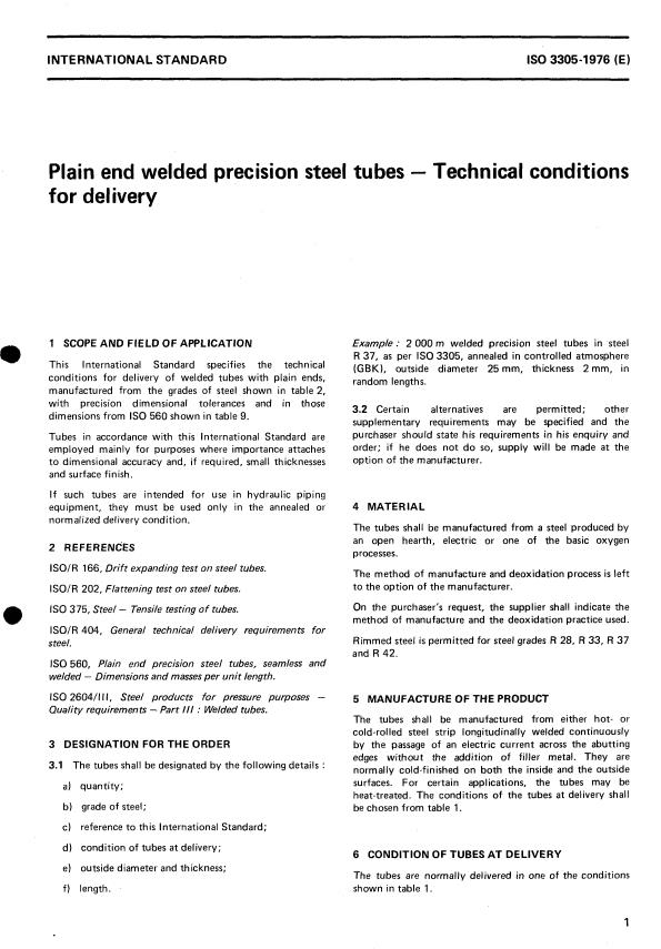 ISO 3305:1976 - Plain end welded precision steel tubes -- Technical conditions for delivery