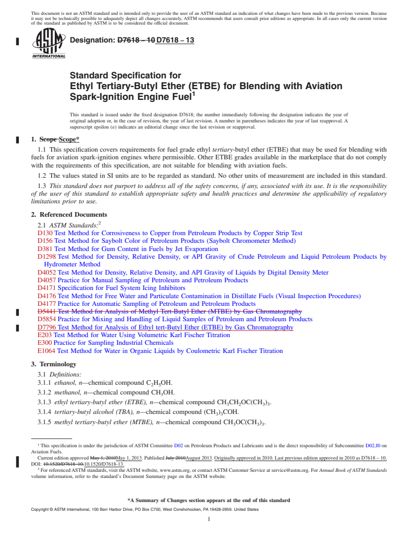 REDLINE ASTM D7618-13 - Standard Specification for  Ethyl Tertiary-Butyl Ether (ETBE) for Blending with Aviation  Spark-Ignition Engine Fuel