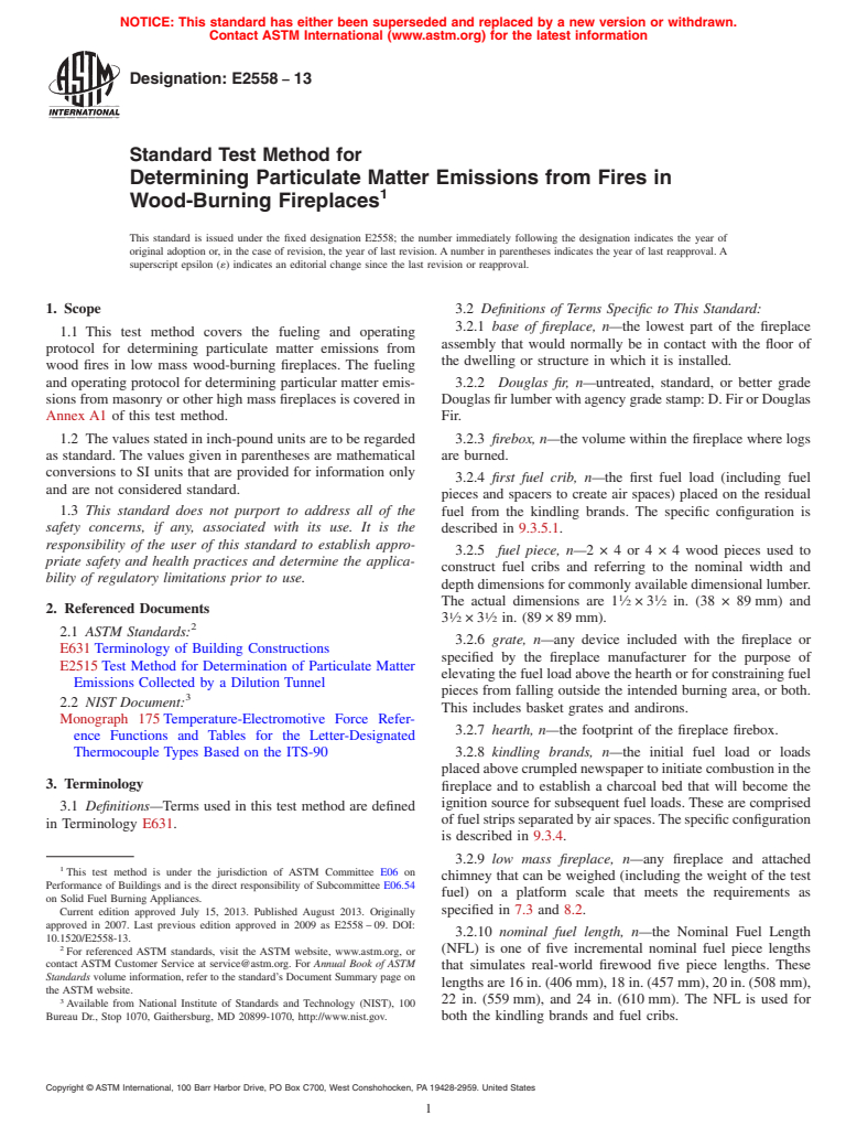 ASTM E2558-13 - Standard Test Method for  Determining Particulate Matter Emissions from Fires in Wood-Burning  Fireplaces