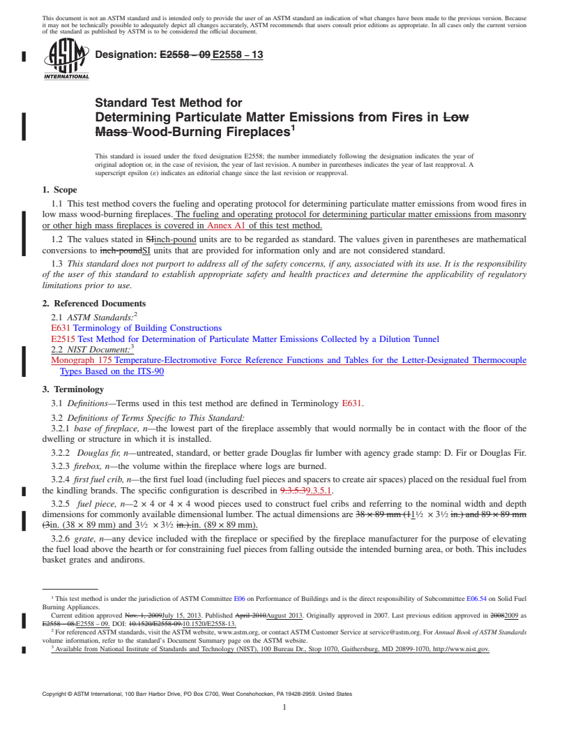 REDLINE ASTM E2558-13 - Standard Test Method for  Determining Particulate Matter Emissions from Fires in Wood-Burning  Fireplaces