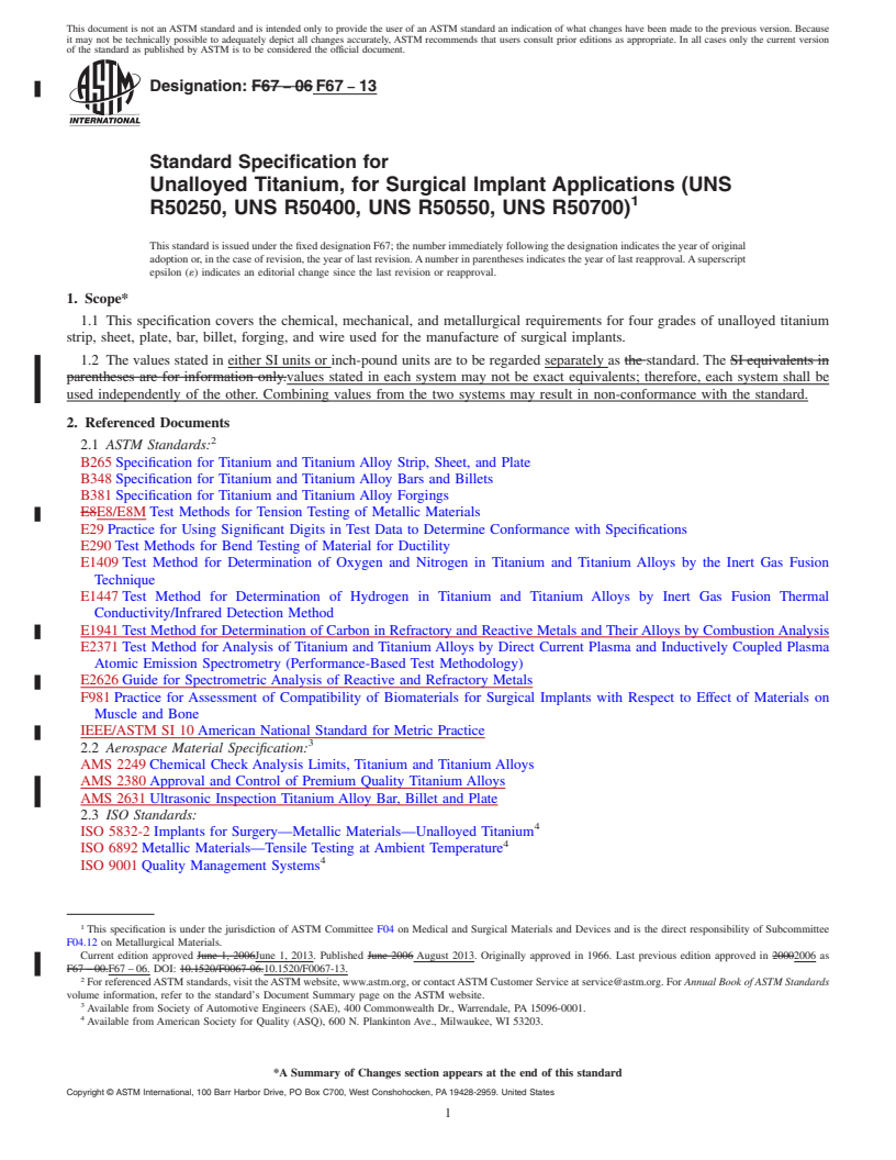 REDLINE ASTM F67-13 - Standard Specification for  Unalloyed Titanium, for Surgical Implant Applications (UNS  R50250, UNS R50400, UNS R50550, UNS R50700)