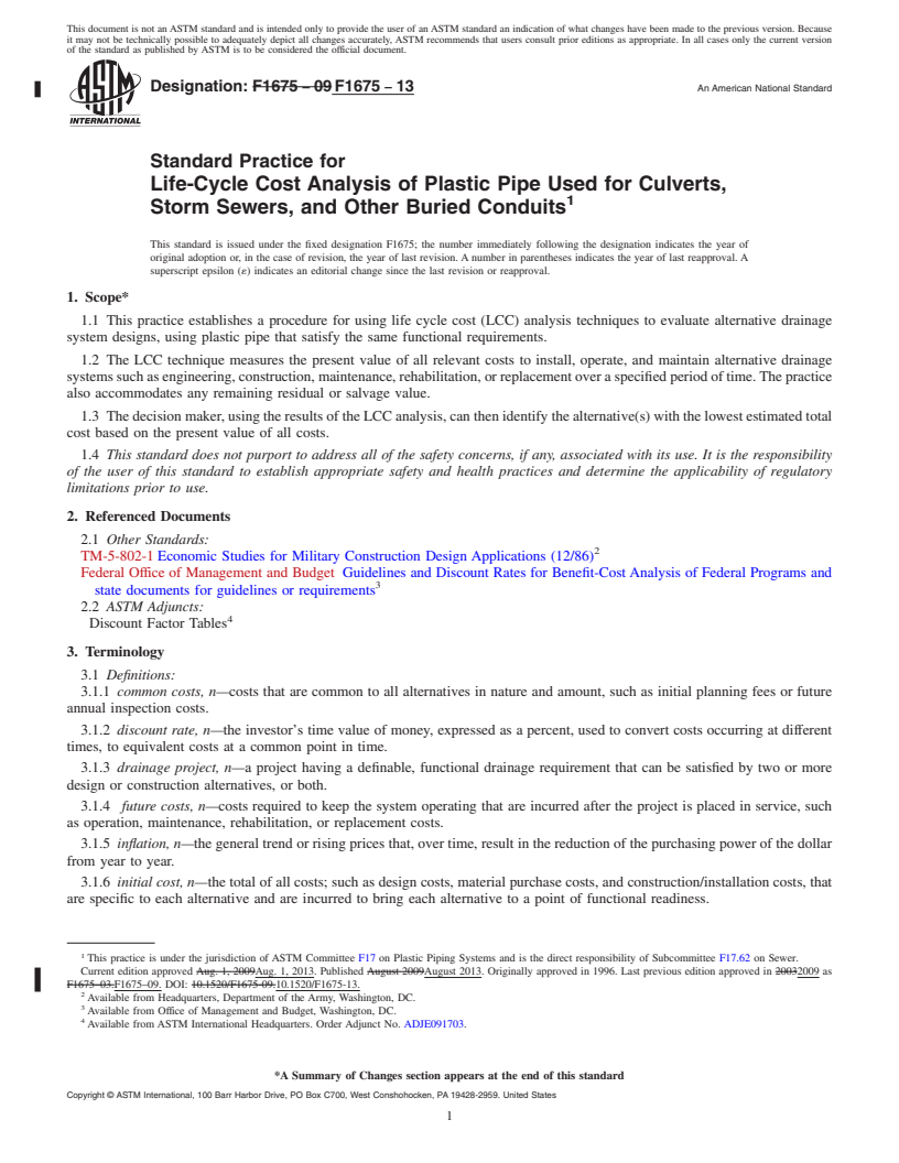 REDLINE ASTM F1675-13 - Standard Practice for  Life-Cycle Cost Analysis of Plastic Pipe Used for Culverts,  Storm Sewers, and Other Buried Conduits