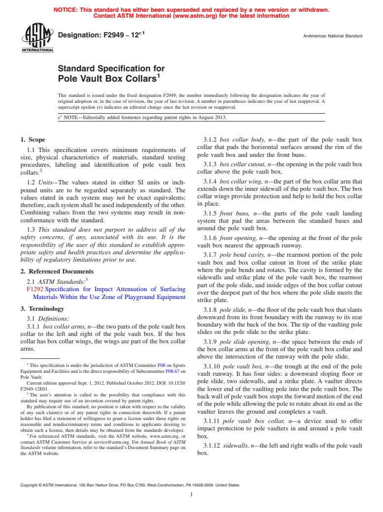 ASTM F2949-12e1 - Standard Specification for Pole Vault Box Collars