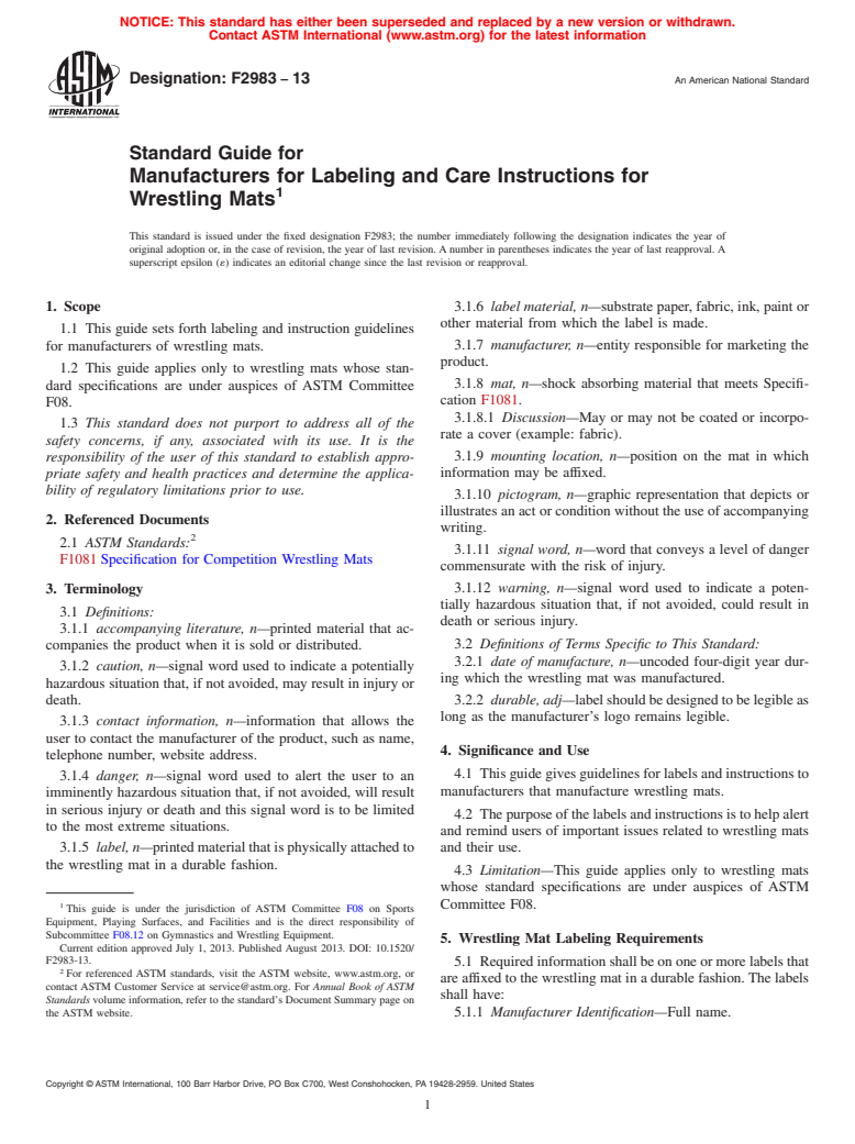 ASTM F2983-13 - Standard Guide for Manufacturers for Labeling and Care Instructions for Wrestling  Mats