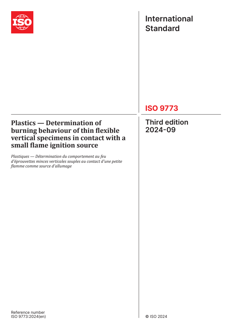 ISO 9773:2024 - Plastics — Determination of burning behaviour of thin flexible vertical specimens in contact with a small flame ignition source
Released:13. 09. 2024