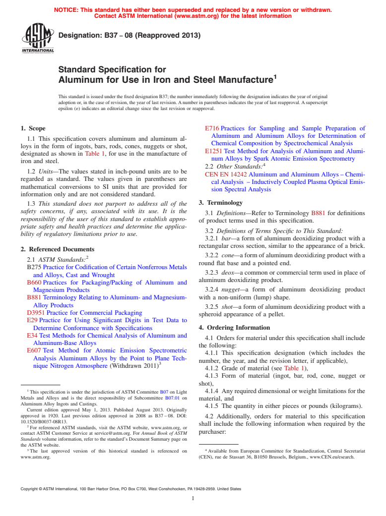 ASTM B37-08(2013) - Standard Specification for  Aluminum for Use in Iron and Steel Manufacture