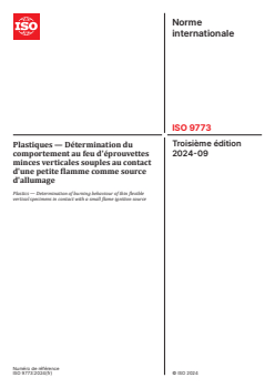 ISO 9773:2024 - Plastiques — Détermination du comportement au feu d'éprouvettes minces verticales souples au contact d'une petite flamme comme source d'allumage
Released:10/4/2024 - Page 1 preview