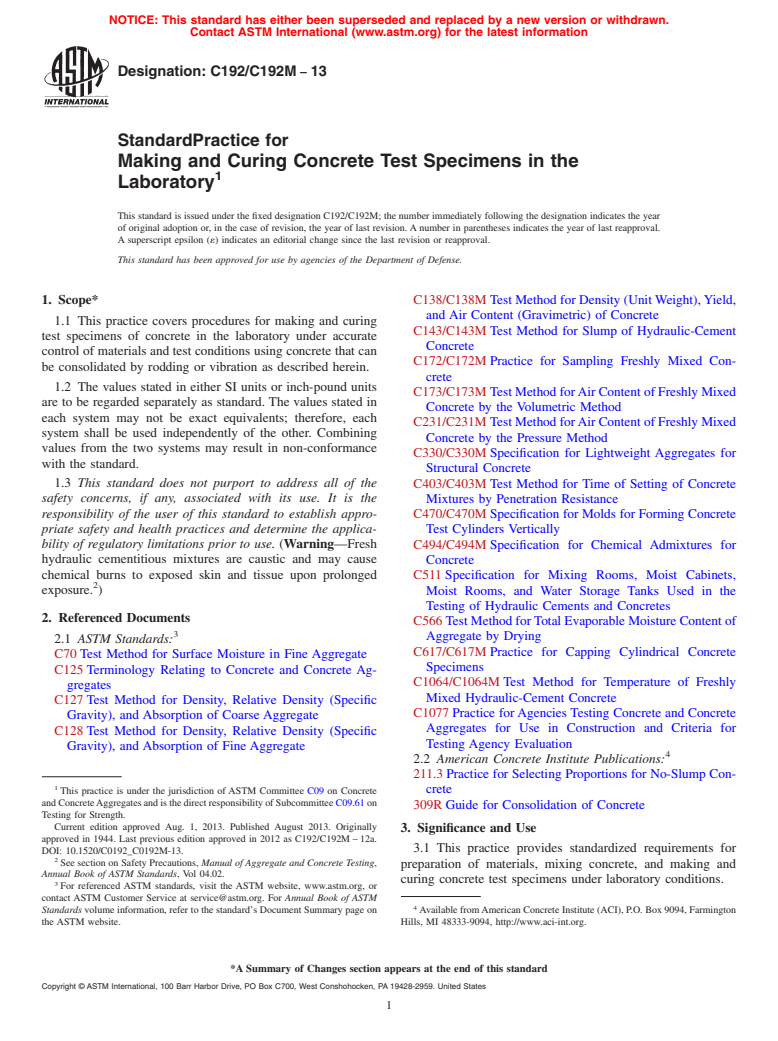 ASTM C192/C192M-13 - Standard Practice for  Making and Curing Concrete Test Specimens in the Laboratory