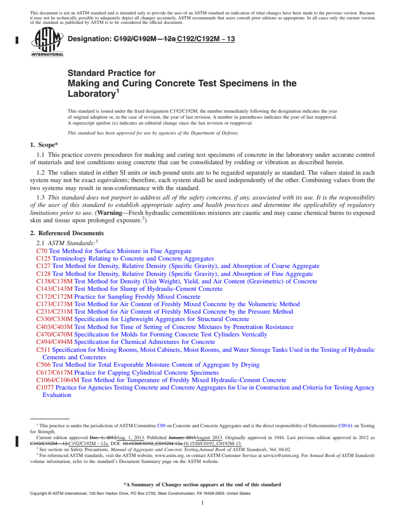 REDLINE ASTM C192/C192M-13 - Standard Practice for  Making and Curing Concrete Test Specimens in the Laboratory