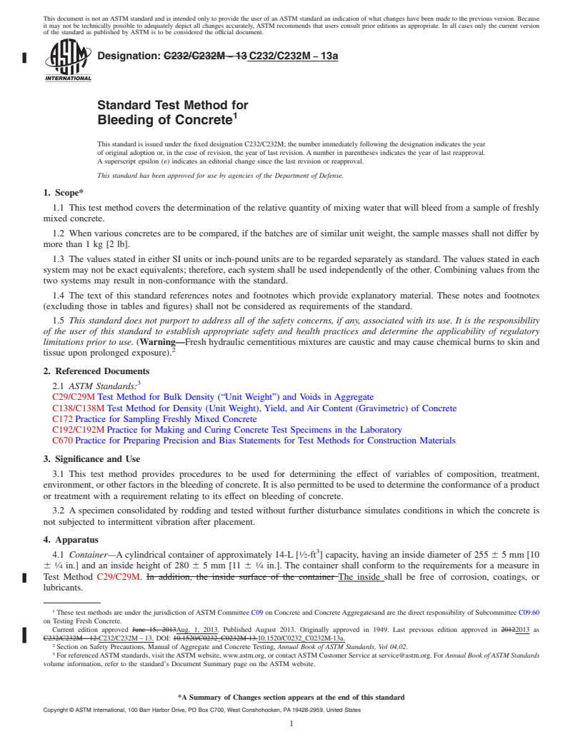 REDLINE ASTM C232/C232M-13a - Standard Test Method for  Bleeding of Concrete