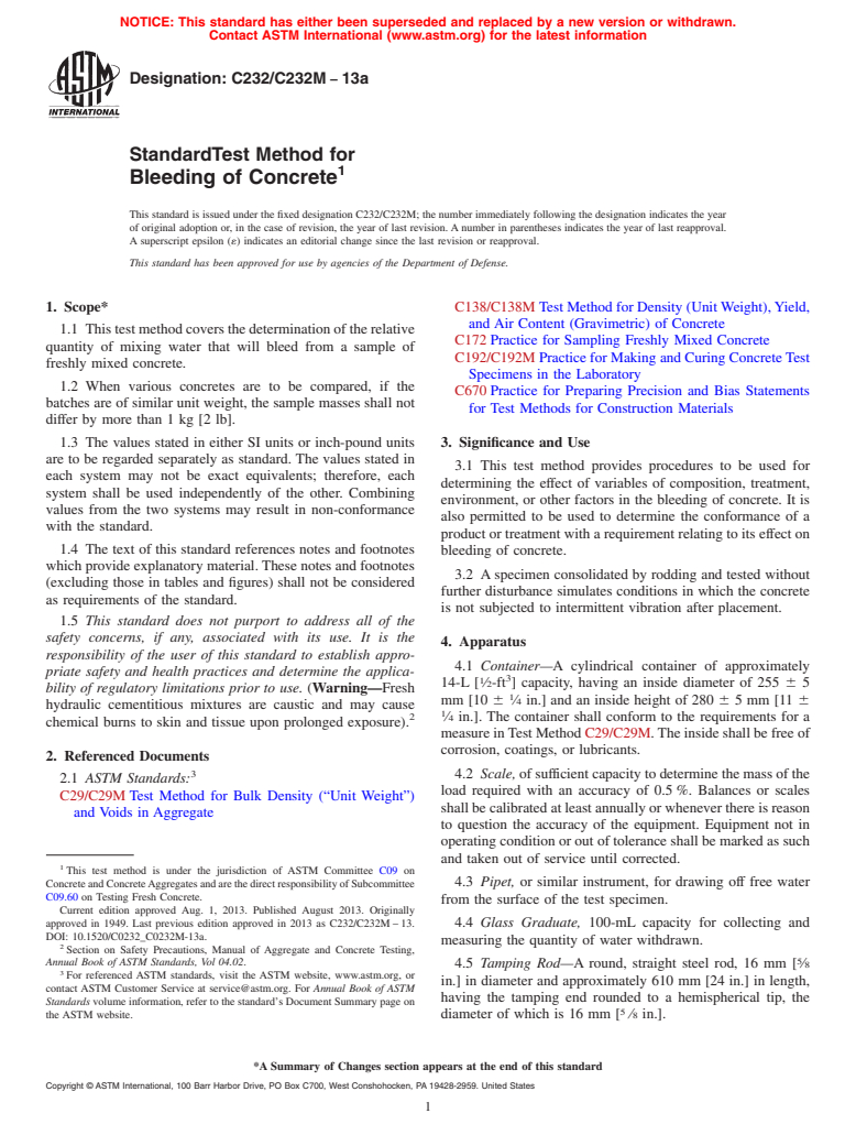 ASTM C232/C232M-13a - Standard Test Method for  Bleeding of Concrete