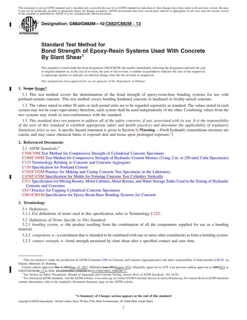 REDLINE ASTM C882/C882M-13 - Standard Test Method for  Bond Strength of Epoxy-Resin Systems Used With Concrete By  Slant Shear